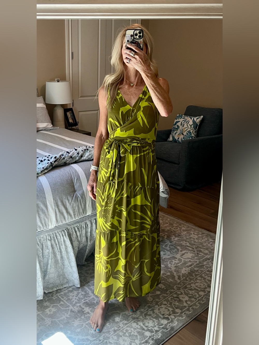 CAbi Olive Green Floral Wrap Maxi Dress